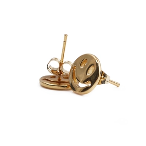 Minimalist pair of 18K gold plated copper smiley face stud earrings on white background