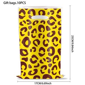 Set of 10 leopard print plastic gift bags for parties, size 25x17cm with handles