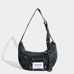 Washed Denim Hobo Bag Retro Crescent Shoulder Bag With Metal Eyelet Adjustable Strap Casual Y2K Style Women