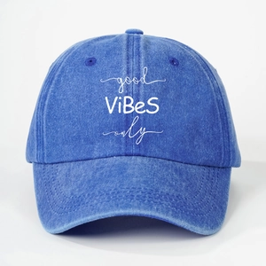 Blue washed denim baseball cap featuring white Good Vibes Only embroidery on front