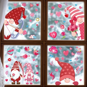 Detail showing double-sided pink gnomes and hearts static window stickers for Valentine's Day