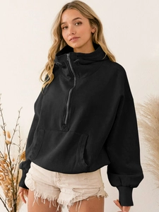 Women's black half-zip oversized hoodie with kangaroo pocket and drawstring hood