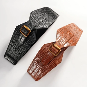 Set of 2 vintage black and brown crocodile texture wide belts with metal buckles