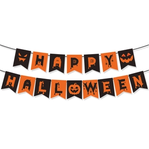Classic Happy Halloween banner with pumpkin and spider web motifs on white background