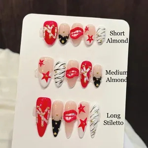 Handmade Red Lip Star Zebra Pattern Press On Nails Almond Stiletto Punk Cool Style Artificial Fingernails