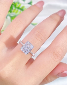Detailed close-up of a square ice-cut carbon diamond ring on S925 sterling silver band