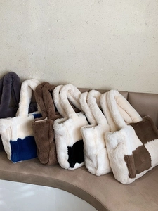 Plush faux fur tote bag collection in multiple colors and patterns for autumn and winter