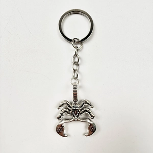 Macro shot of silver alloy scorpion keychain with detailed carving and metallic luster