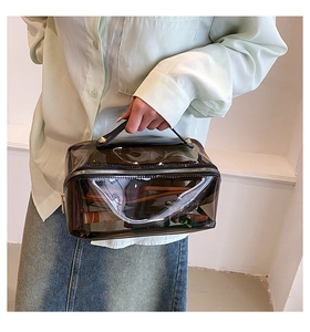 Detailansicht der dunkelgrauen transparenten PVC-Kosmetiktasche mit Goldnieten und Griff