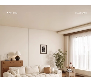 Detail of silver sand modern carpet showing its texture in a minimalist living room setting