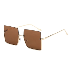Retro oversized square half-frame sunglasses with brown lenses and gold metal temples