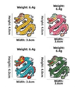 Detail specifications of enamel dragon brooches showing weight 6.4g and dimensions 4.0x3.6cm
