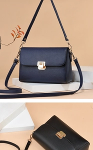 Detailed close-up of blue and black litchi pattern leather crossbody bags with gold locks