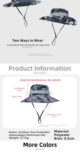 Detail showing camouflage sun hat dimensions with 56-60cm circumference and wide brim