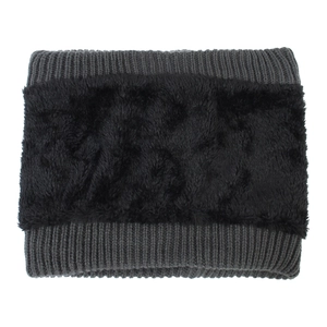 Detail of winter neck warmer featuring dark grey ribbed knit and black faux fur texture