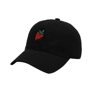 Black cotton baseball cap with red strawberry embroidery and curved brim in side view