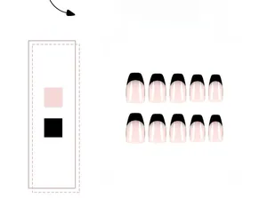 Detailed top view of French press-on nails with nude base and black square tips
