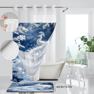 Waterproof shower curtain set with white peacock pattern and matching 60x40cm bath mat