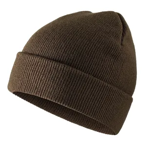 Minimalist dark brown knit beanie with a thick folded cuff and fine stitch texture