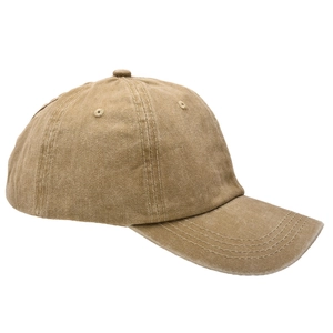 Side view of washed khaki cotton baseball cap showing stitching details and curved brim