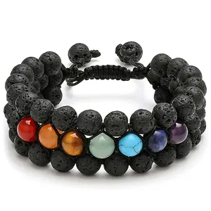 Close-up of dual-layer braided lava stone bracelet featuring seven chakra healing beads