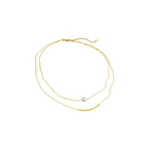Minimalist double-layered gold necklace featuring a baroque pearl and textured chains