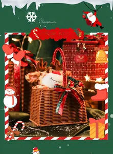Christmas wicker gift basket with reindeer plush toy and red festive ribbon detail