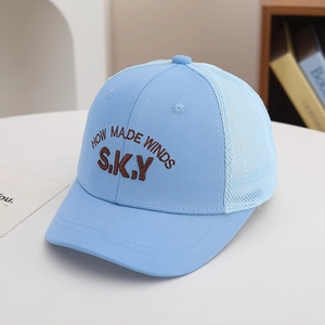 Detail of light blue mesh baseball cap with brown embroidered letters and breathable back