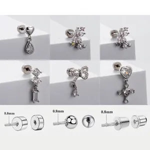 Zircon Bow Heart Flower Stud Earrings Titanium Steel Screw Back Cartilage Piercing Jewelry For Women