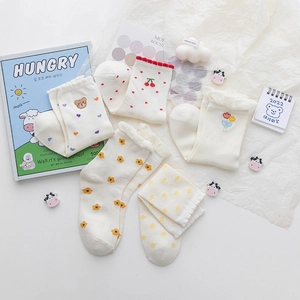 Japanese-style cotton mid-calf bear socks with cute floral patterns and ruffled lace trim