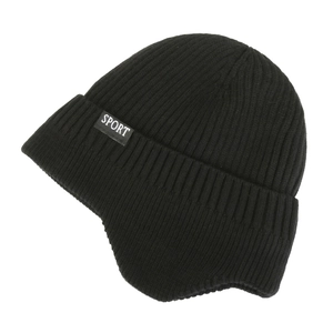 Black knit ear protection beanie with SPORT label for winter thermal warmth