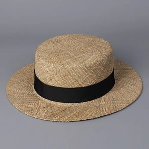 Natural Straw Boater Hat Flat Top Wide Brim Sunshade Beach Vacation Grosgrain Ribbon Decor Women French Retro Style