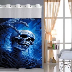 Dettaglio della tenda da doccia waffle con stampa di teschio blu scuro e ossa, impermeabile