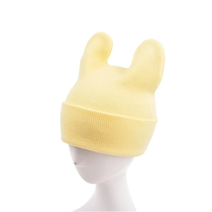 Detail showing soft light yellow knit beanie with cute animal ears and ribbed texture
