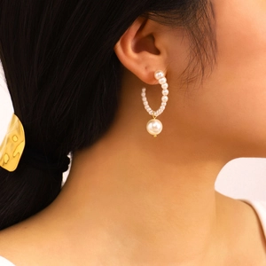 C Shape Artificial Pearl Drop Earrings Stainless Steel 18K Gold Plated Faux Artificial Pearl Hypoallergenic Waterproof Elegant Minimalist
