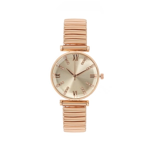 Elegant women's rose gold quartz watch with stretchy strap and Roman numeral dial