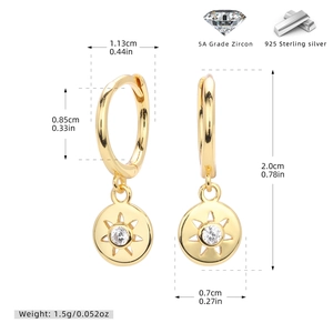 Detail view of 925 sterling silver star hoop earrings with dimensions and weight data