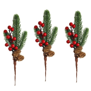 Three artificial Christmas picks with red berries, pine needles and natural cones