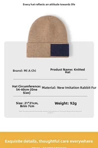 Size chart for faux rabbit fur knit beanie featuring dimensions 21x21cm and 54-60cm circumference