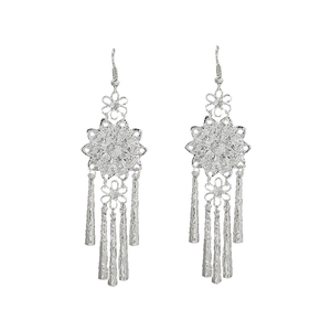 Detailed view of silver ethnic leaf tassel earrings with mandala geometric patterns