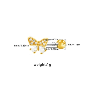 Detailed size chart of a 6mm gold butterfly stud earring with zircon and 0.8mm pin