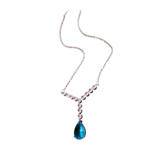 Elegant Y-shaped necklace with white zircon chain and deep blue teardrop pendant focal