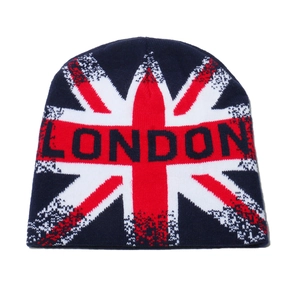 Close-up of London text and Union Jack jacquard texture on navy knit beanie hat