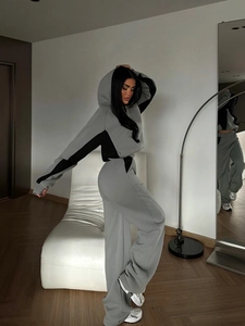 Women's color-block cropped hoodie and high-waisted straight leg sweatpants set in grey black