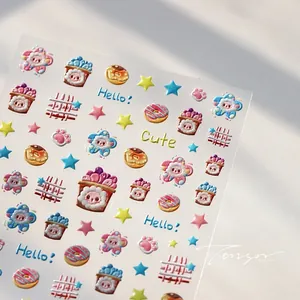 Detailed 5D embossed nail art stickers with cute 3D cartoon pig and floral patterns