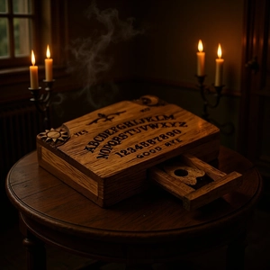 Miniature Wooden Spirit Board Box With Drawer And Planchette Engraved Mystic Home Decor Ornament