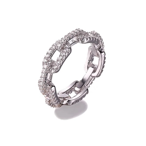 Elegant silver-tone chain link ring featuring pavé-set zircons and polished links