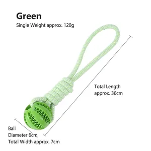 Detail view of green dog chew toy with 36cm rope length and 6cm spiky rubber ball