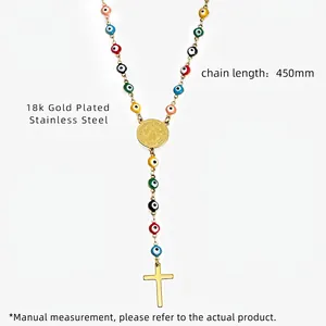 Detail showing 450mm evil eye necklace dimensions with medal and cross pendant