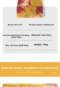 Guide des tailles détaillé pour bonnet tie-dye rouge et jaune en fil guipé souple